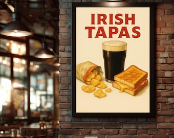 Irish Tapas Art Print – vintage poster in Guinness-stijl, Iers cadeau, decor Ierse pub, Stout & Toastie-muurkunst, Ierse keukenprint