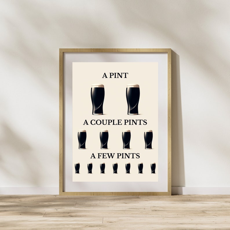 May include: Framed print with a beige background, displaying illustrations of pints of dark beer. Text reads "A Pint", "A Couple Pints", and "A Few Pints". The print is in a gold frame.