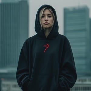 Op de afbeelding: Zwarte hoodie met de rode tekst "HAIL REAPER" en een gestileerd rood ontwerp. De hoodie heeft een capuchon met trekkoord en een kangoeroezak. Het model draagt de hoodie voor een wazig stadsbeeld.