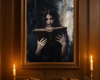 Victorian Woman Reading Bookish Wall Art Print, Dark Academia Decor, Librariancore Wall Art, Moody Reading Nook Painting, Book Lover Gift