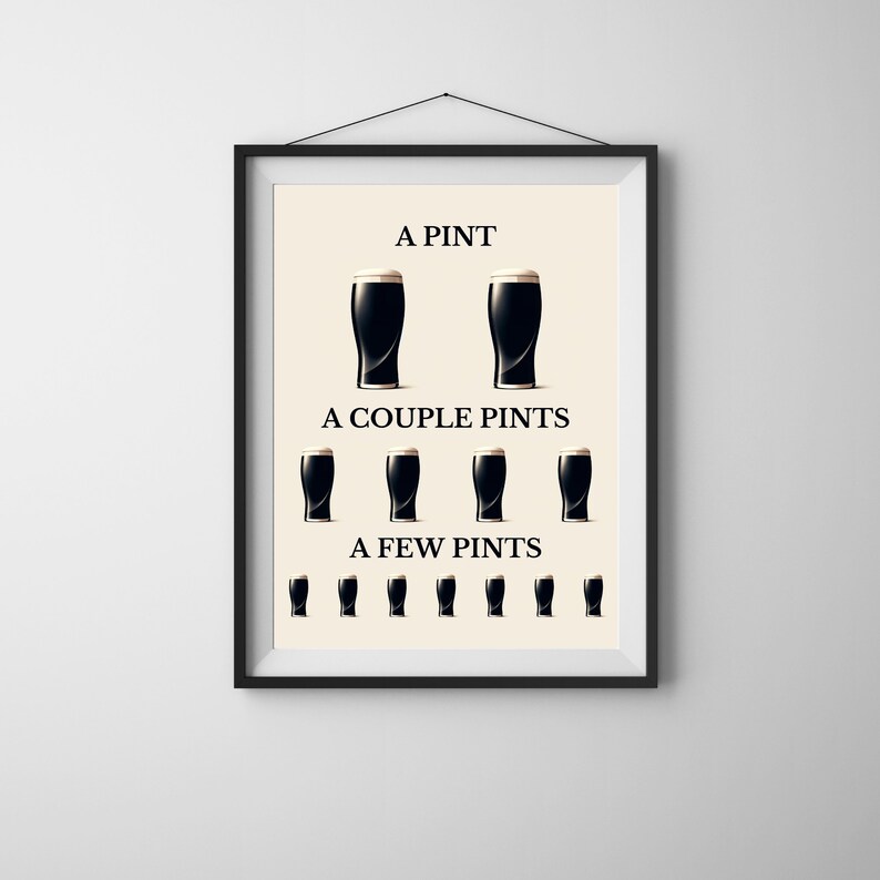 May include: Framed print with illustrations of pints of stout. Text reads "A Pint", "A Couple Pints", and "A Few Pints", with matching images of the drinks. The print is in a black frame, ideal for a pub or home bar.