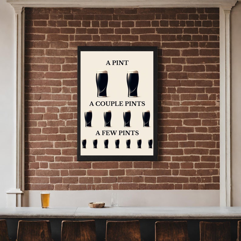 May include: A framed print featuring the text "A Pint, A Couple Pints, A Few Pints" and illustrations of stout glasses. The print is set against a brick wall, with a bar and a pint of beer in the foreground.