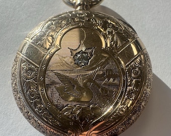 Caixa de relógio de bolso vintage em ouro maciço 14 quilates com diamante