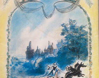 May include: A vintage book cover featuring a yellow border with a central illustration of a castle, a figure in a dress riding a chariot pulled by a winged black creature, and the Russian text "Шарль Перро СПЯЩАЯ КРАСАВИЦА" at the top.