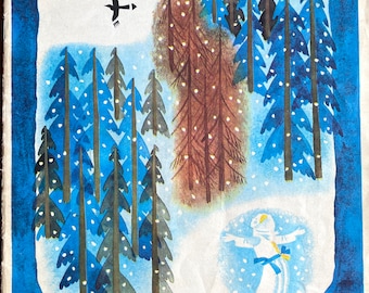 May include: Vintage book cover illustration featuring a winter scene with blue and brown trees, falling snow, and a snowman figure. The title "Snegurochka" is displayed in pink letters. The text "Russian Folk Tale" is at the top.