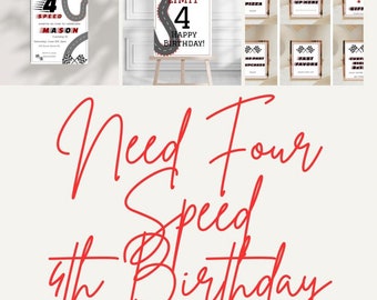 Set per il 4° compleanno Need Four Speed - Decorazioni per feste a tema auto da corsa - Need 4 Speed - Cartello di benvenuto per il compleanno a tema corse - Festa a tema corse - Decorazioni per feste - W1