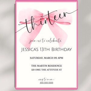 13th Birthday Pink Bow Invite Teenager Girl's Birthday Party Invitation, From Tween To Teen, Pink Birthday Party, Digital Invite, Q1