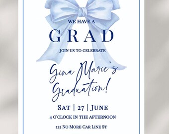 Coquette Bow Blue Graduation Invitation- Coquette Graduation- Class of 2025 Graduation Invite- Blue Bow Invitation Editable Grad Template
