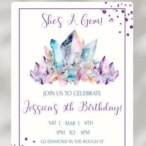 She&#39;s A Gem 9th Birthday Party Invitation Gemstone Crystal Invite Geology Party- Gems Birthday- Editable For Any Age- Digital Download- SG