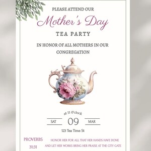 Women's Ministry Mother's Day Tea Party uitnodiging-vrouwen Bijbelstudie-thee netwerkevenement-Women's Fellowship-digitale uitnodiging