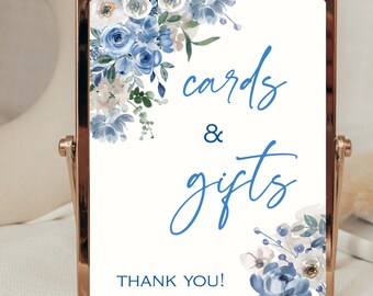 Blue Baby In Bloom Cards And Gifts Table Sign, Dusty Blue Flowers, Baby In Bloom Decor, Editable Baby Shower Gifts Sign- GN003