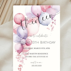Girl's 13th Birthday Pink Balloon Invite, Teenager Birthday Party Invitation, From Tween To Teen, Digital Download, Editable Template