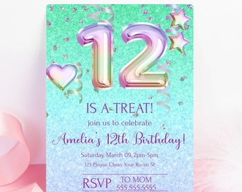 May include: A turquoise and blue glitter background with a holographic iridescent number 12. The text "IS A TREAT!" is written in purple. The text "join us to celebrate" is written in black. The text "Amelia's 12th Birthday!" is written in purple. The text "Saturday, March 09, 2pm-5pm" is written in black. The text "123 Please Clean Your Room St" is written in black. The text "TO MOM" is written in black. The text "RSVP 555.555.5555" is written in black.