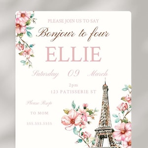 Bonjour To Four Paris French Birthday Eiffel Tower Invite Printable Invitation Parisian Birthday Party Invite Bonjour I&#39;m Four 4th Birthday