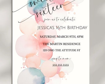 Sweet 16 Invite Teen Birthday Party Girl&#39;s Boho Sixteenth Birthday, Pastel Bubbles Invitation, Abstract Invitation, Digital Download- T3