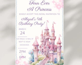 Four Ever Princess Birthday Invitation- 4th Birthday Invite- Princess Party- Editable Template- Instant Download- Girl's 4th Birthday