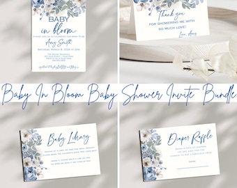Baby In Bloom Baby Shower Invitation Template Bundle- Elegant Baby Shower- Dusty Blue Floral Baby Shower Invitation- Instant Download- GN003