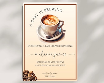 Invitación para baby shower con temática de café "A Baby Is Brewing" - Invitación para fiesta de café - Baby shower unisex - Editable - CB