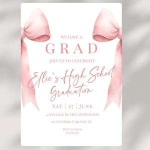 Coquette Bow Pink Grad Party Invite Class Of 2025 Coquette High School Senior Elegant Graduation Invite- Pink Bow Invitation Editable- 2G