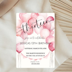 Girl's 13th Birthday Pink Balloon Invite, Teenager Birthday Party Invitation, From Tween To Teen, Pink Birthday Party, Digital Invite