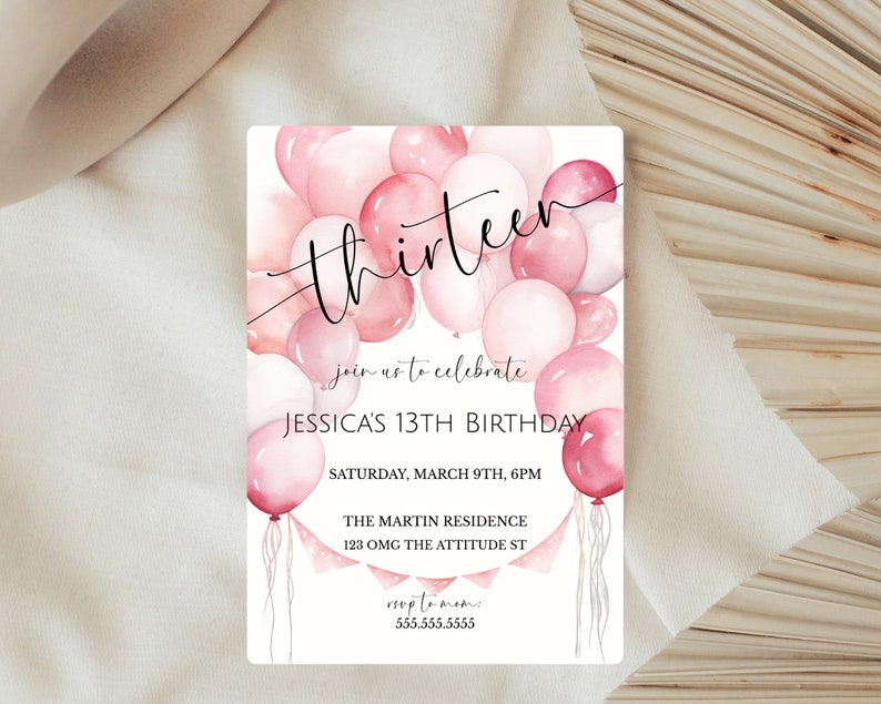 Girl's 13th Birthday Pink Balloon Invite, Teenager Birthday Party Invitation, From Tween To Teen, Pink Birthday Party, Digital Invite