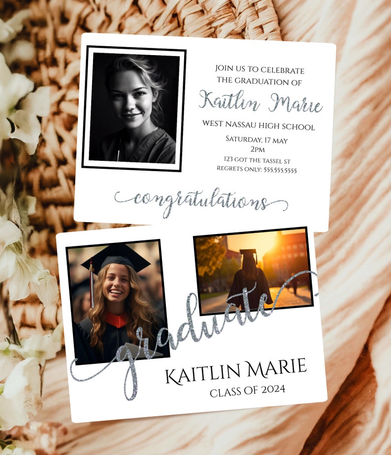 Minimalist Grad Announcement Photo Invitation Template Black and White