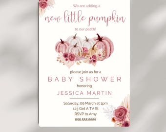 Adding A New Little Pumpkin Pink Boho Baby Shower Invite Pumpkin Shower, Boho Pink Floral Pumpkin, Fall Baby Shower- Girl Baby Shower- P2