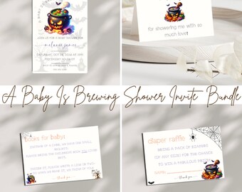 May include: A Baby Is Brewing Shower Invite Bundle. Includes a baby shower invitation, thank you card, book request card, and diaper raffle card. Each card features a cauldron graphic with bats and pumpkins.