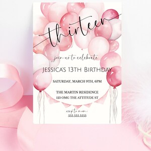 Girl's 13th Birthday Pink Balloon Invite, Teenager Birthday Party Invitation, From Tween To Teen, Pink Birthday Party, Digital Invite