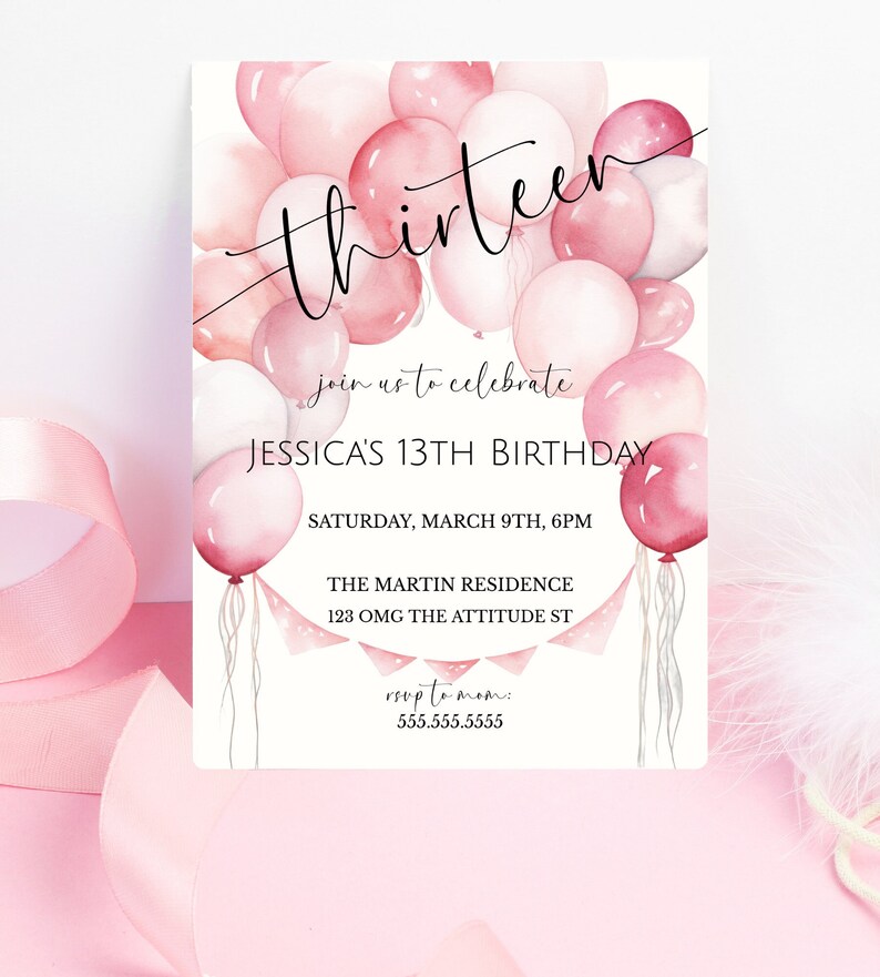 Girl's 13th Birthday Pink Balloon Invite, Teenager Birthday Party Invitation, From Tween To Teen, Pink Birthday Party, Digital Invite