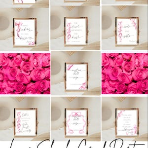 Könnte beinhalten: Eine Sammlung von Abschlussfeier-Schildern in goldenen Rahmen mit rosa Schleifenakzenten. Die Schilder zeigen verschiedene Phrasen wie "Bitte unterschreiben Sie das Gästebuch" und "Süßes Ende zu einem neuen Anfang". Der untere Teil des Bildes lautet "Love Shack Grad Party Sign Bundle".