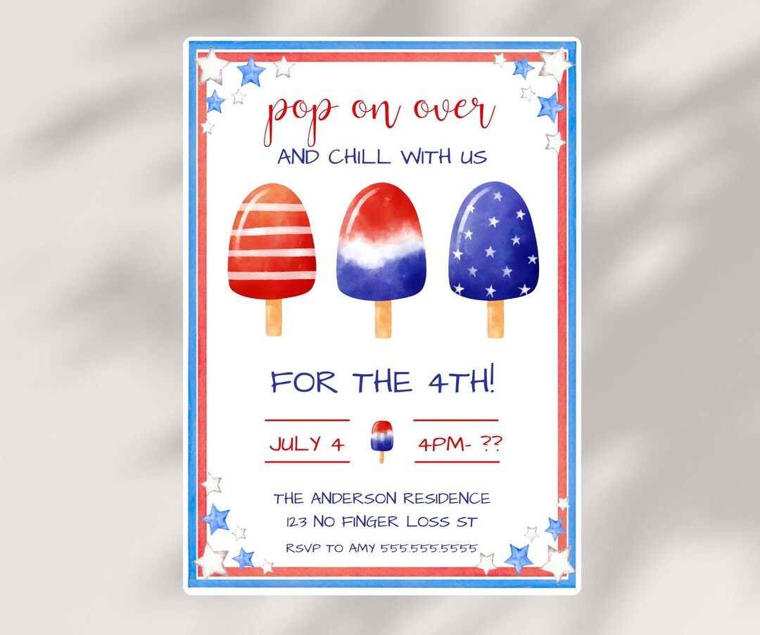 4th of July Party Invitation Red White and Blue Pop on Over Pool BBQ ...