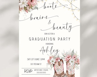 Girl Western Invitation For Graduation- Country Graduation Party- Pink Graduation- Floral Grad Invite- Invitation Template- Digital Download