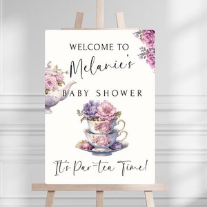 Un bébé prépare une plaque de bienvenue pour une Tea Party - Tea Party Baby Shower plaque de bienvenue - Baby Shower Tea - modèle modifiable - téléchargement immédiat