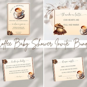 Um bebê está se preparando, convite para chá de bebê com tema de café, pacote de livros para rifa de fraldas de bebê, jogo de agradecimento, modelo editável - CB