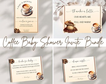 A Baby Is Brewing Invite Coffee Theme Shower Invitation Bundle Books For Baby Diaper Raffle Game Thank You Card Editable Template- CB