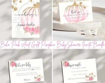 May include: A printable baby shower invitation bundle with a pink and gold pumpkin theme. The invitation includes a save the date card, a thank you card, a book request card, and a diaper raffle card. The text on the invitation reads "A new little pumpkin is on her way", "Thank you for showering me with so much love!" , "Books for baby", and "Diaper Raffle".