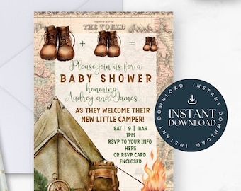 Camping Baby Shower Invite- Camp Baby Shower- Woodland Baby Shower- Forest Baby Shower- Instant Download- Editable Invite- Baby Camper- CS4