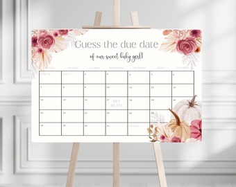 May include: A white printable baby shower game with a floral design and a calendar to guess the due date of a baby girl. The text reads "Guess the due date of our sweet baby girl".
