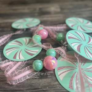 Pink Peppermint Garland Candyland Pastel Christmas Candy Decor Whimsical Christmas Mantel Bunting Shelf Banner