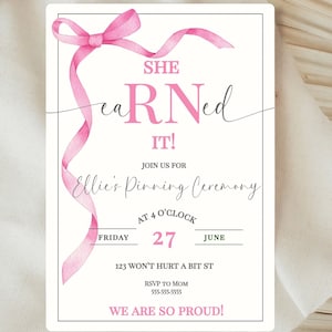 Coquette RN Grad Announcement- Pink Bow Nurse Graduation Invitations- Class Of 2024- Pinning Ceremony- Invitation Template- Digital Download