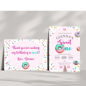 First Birthday Sweet One Invitation Candy Party Girl&#39;s 1st Birthday Invite Sweet Celebration Donut Sweets Theme Custom Birthday- K10