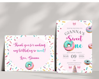 May include: A pink and white birthday invitation with a donut theme. The invitation says "You're invited to Gianna's Sweet One Birthday Party" with the date March 9, 2024 at 1 pm. The invitation has a colorful confetti background.
