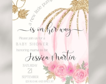 May include: A pink and gold glitter pumpkin baby shower invitation with the text "a new little pumpkin is on her way". The invitation includes the date, time, and location of the shower, as well as the name of the mother-to-be, Jessica Martin.