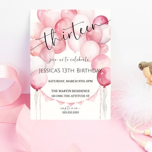 Girl's 13th Birthday Pink Balloon Invite, Teenager Birthday Party Invitation, From Tween To Teen, Pink Birthday Party, Digital Invite