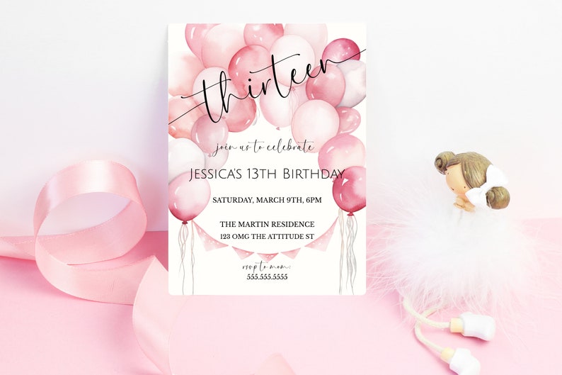 Girl's 13th Birthday Pink Balloon Invite, Teenager Birthday Party Invitation, From Tween To Teen, Pink Birthday Party, Digital Invite