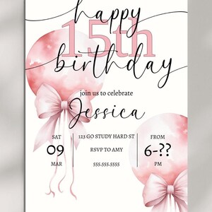 Girl's 15th Birthday Pink Bow Balloon Invite, Boho Teenage Pink Bow Birthday Party Invitation, Coquette Bow Party, Digital Invite, Editable