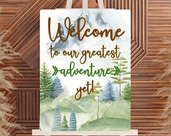 Our Greatest Adventure Baby Shower Welcome Sign- Adventure Awaits Welcome Poster- Baby Shower Signage- Woodland Adventure Begins Sign- CS3