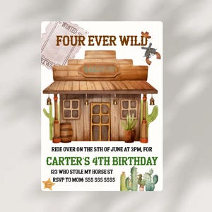Fourever Wild Wild West 4歳の誕生日招待状 ロデオパーティー カウボーイ ウエスタン 印刷可能な招待状 編集可能なテンプレート 男の子の誕生日にカスタマイズ可能 - QQ