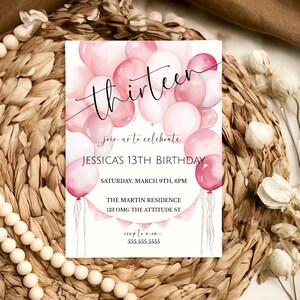 Girl's 13th Birthday Pink Balloon Invite, Teenager Birthday Party Invitation, From Tween To Teen, Pink Birthday Party, Digital Invite